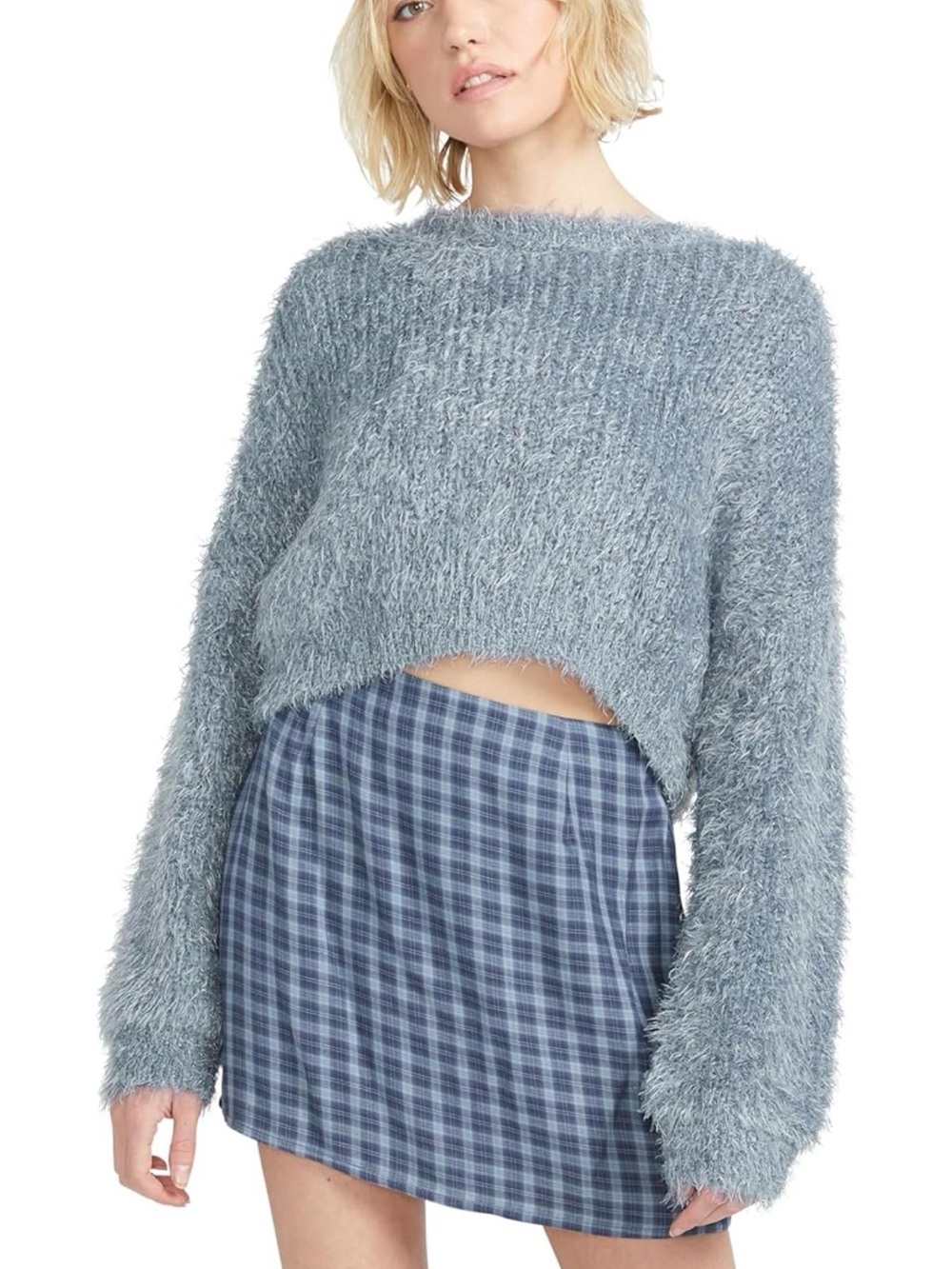Volcom Heathered Blue Fuzzy Cropped Crew Sweater